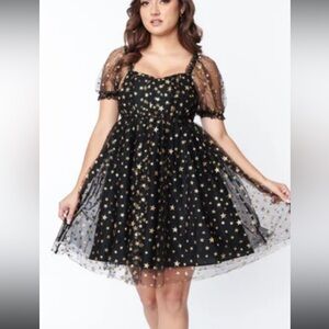 Unique Vintage Babydoll Dress, Black w Gold Glitter Stars (worn once)